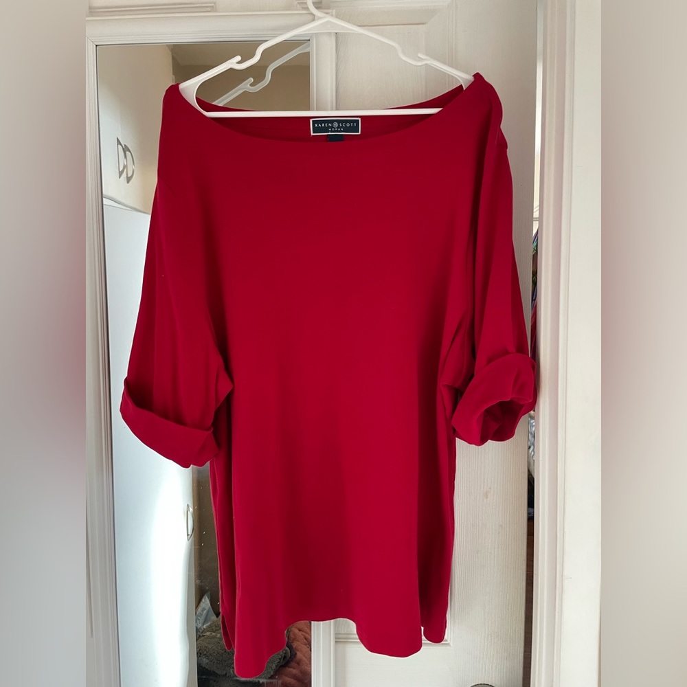 Karen Scott plus size 3x rich red 100% cotton top 3/4 cuffed sleeves & boatneck